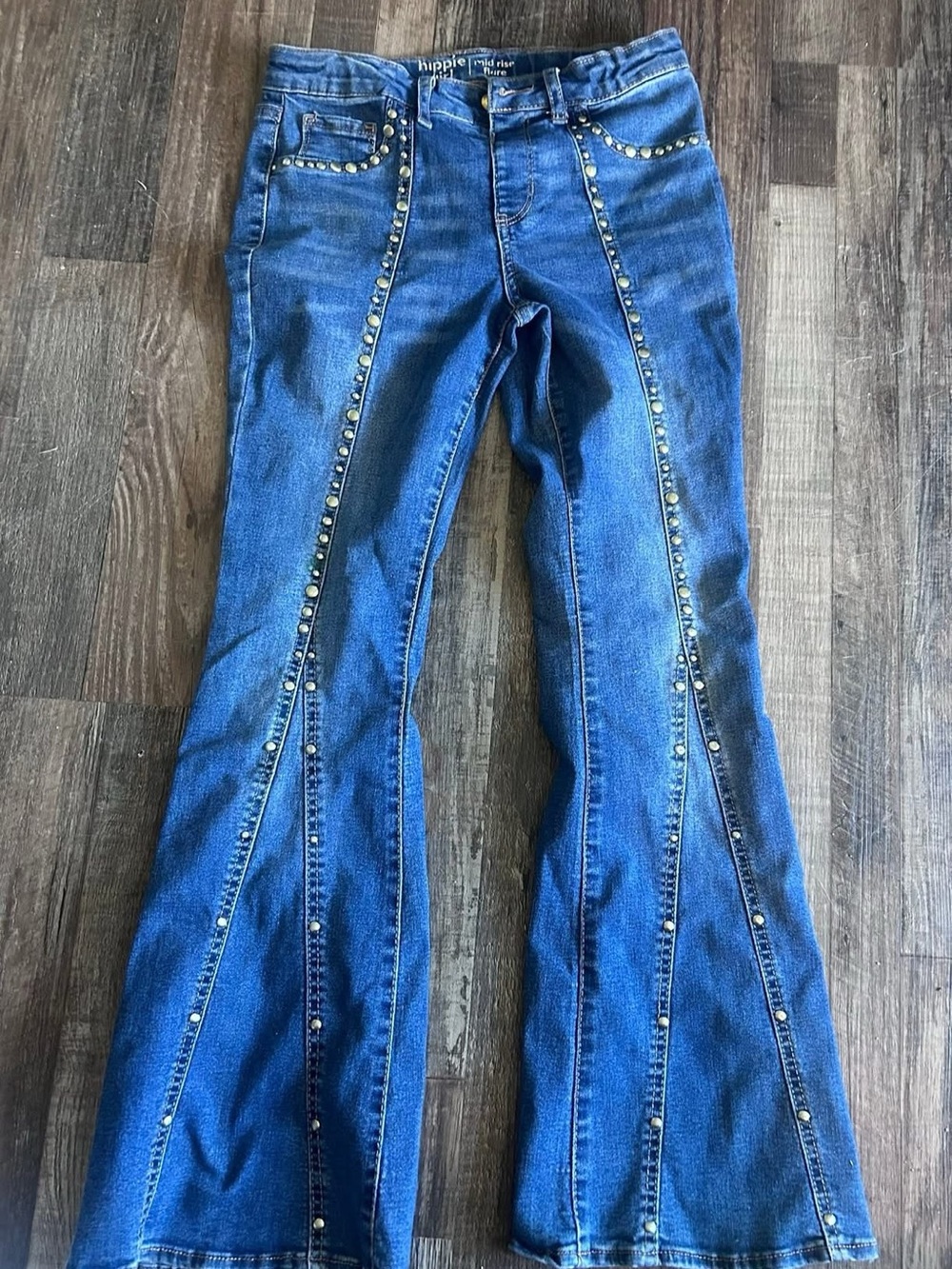 Hippie Rose Denim Flare Jeans with Silver Stud Trim